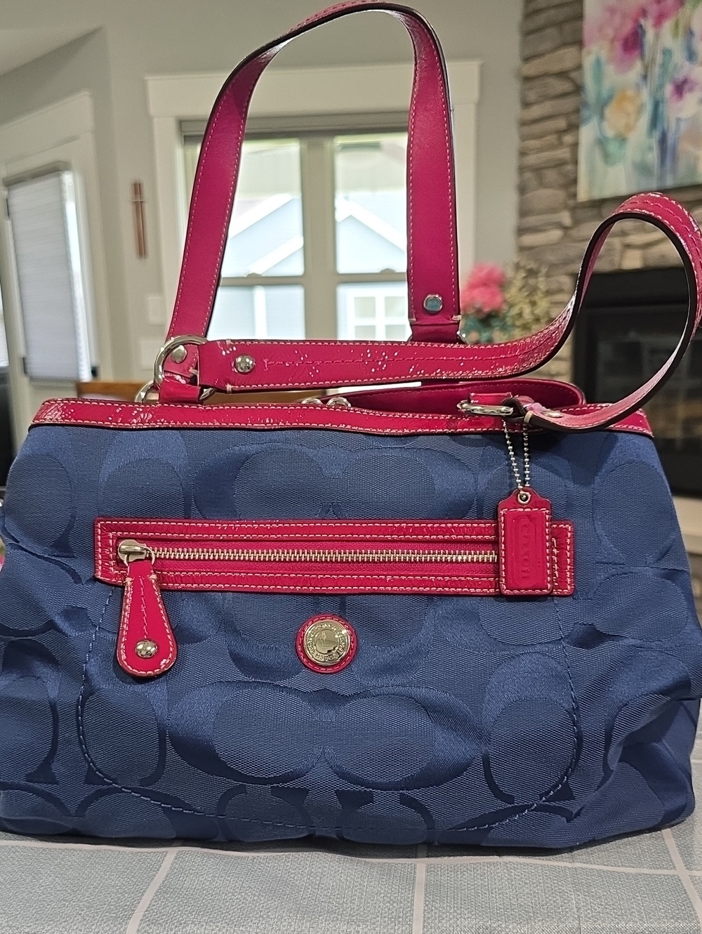 Coach Navy and Hot Pink Signature Shoulder Bag